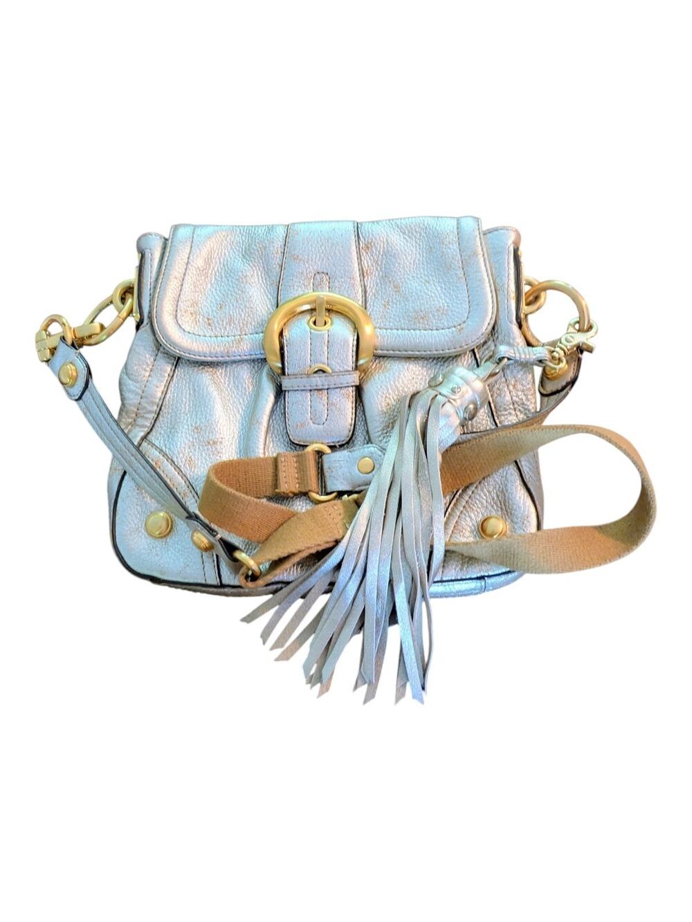 B. Makowsky Purse Metallic Gold Leather Womens Crossbody Hand Bag Buckle Y2K